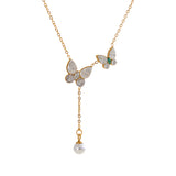 Butterfly Crystal Pearl Drop Necklace